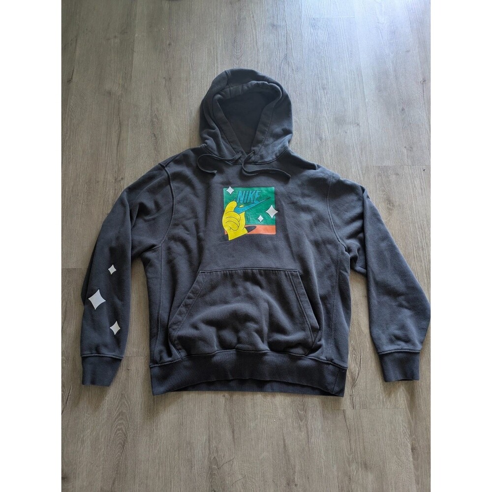 Nike Graphic Pullover Hoodie Mens L Black Multicolor Swoosh Long Sleeve Hooded